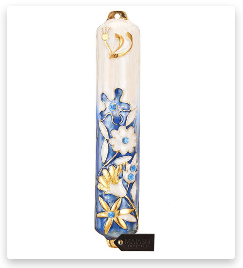 Matashi Hand Painted Blue Ivory Enamel Flower Mezuzah